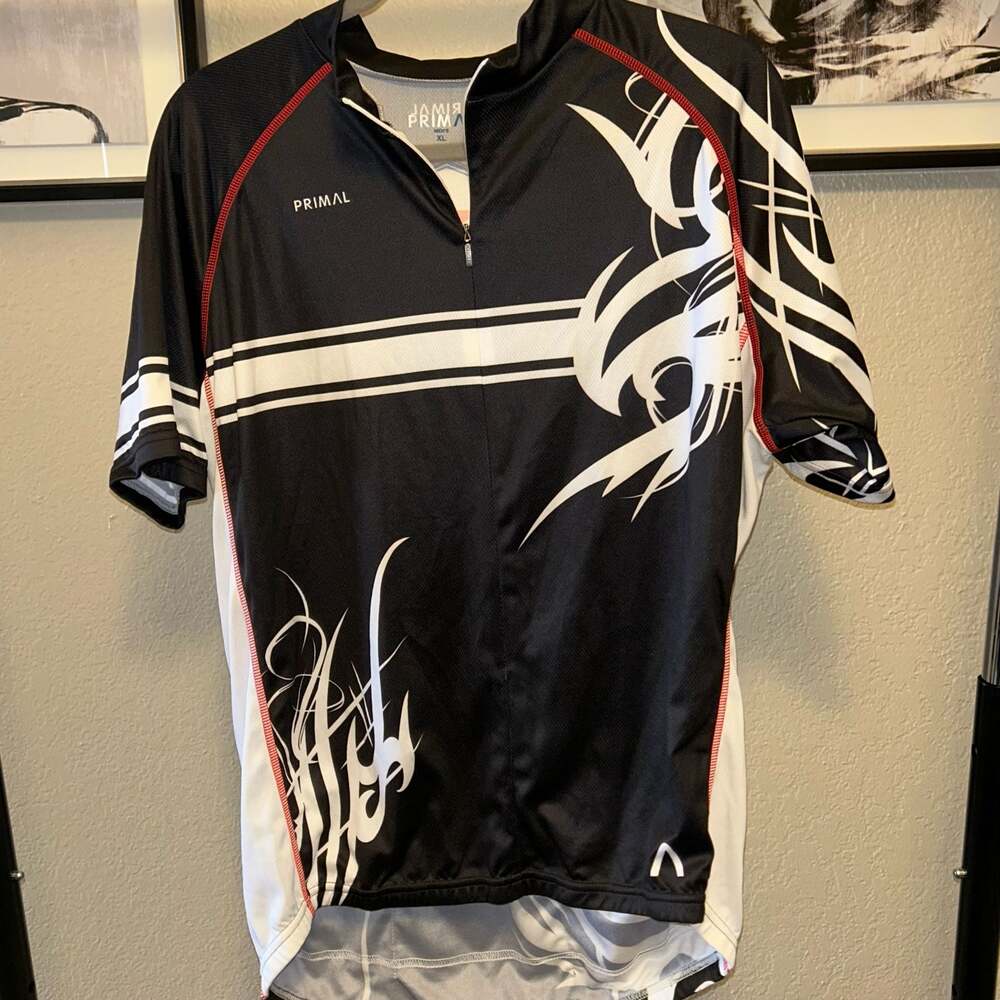Primal Wear Men's XL Cycling Jersey Black White Red Tribal Graphic L10